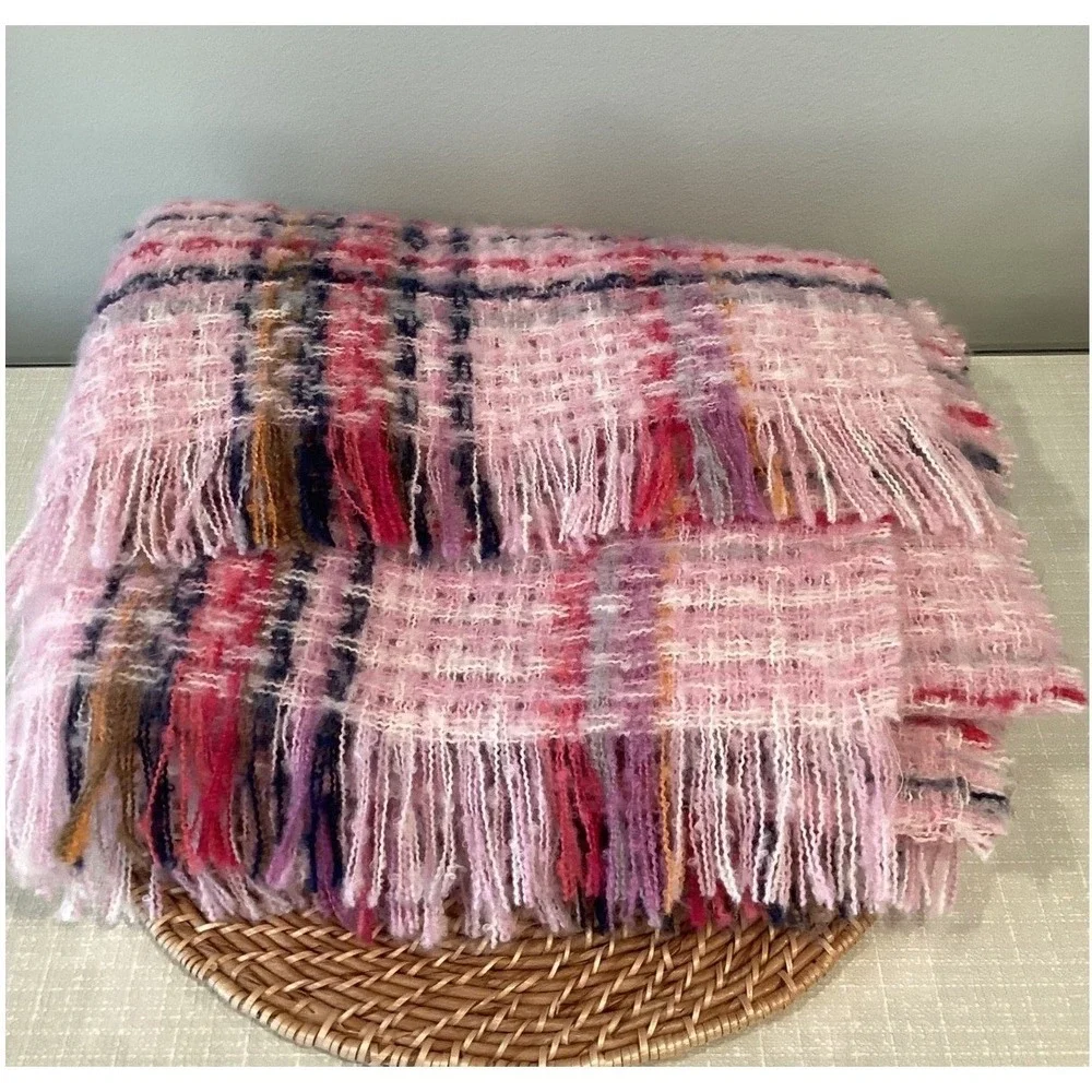 Women's Plaid Fringe Scarf Soft Warm Fluffy Pink Blue Plaid 26 x 84